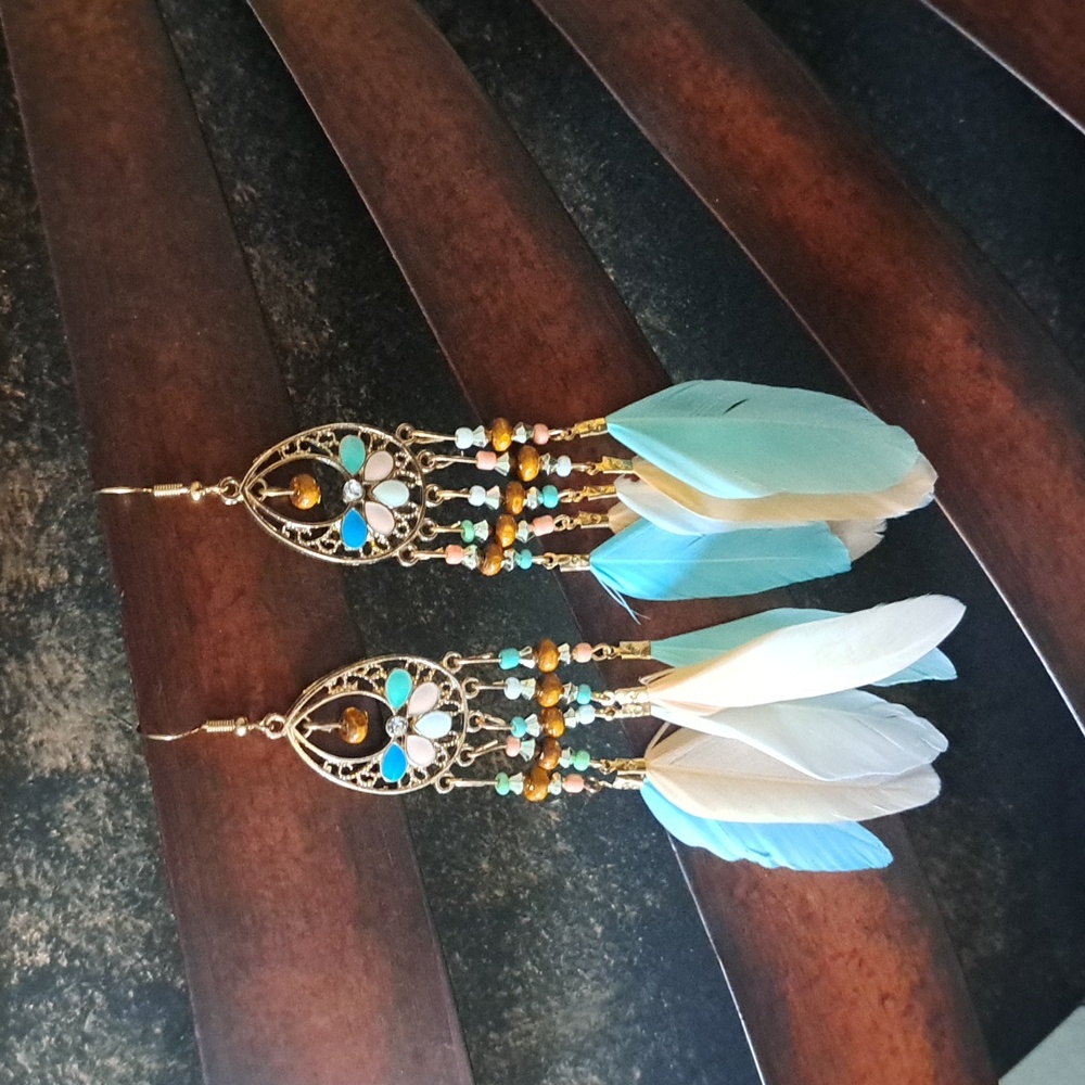 Bohemian Feather Dangle Earrings - Picture 2 of 3